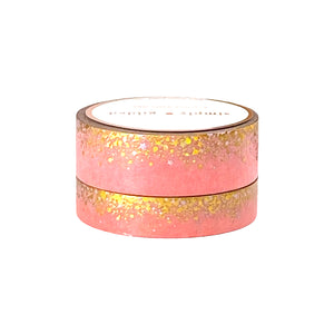 Pastel Peach Stardust washi set (15/10mm + light gold holographic / aurora pink foil) - Restock