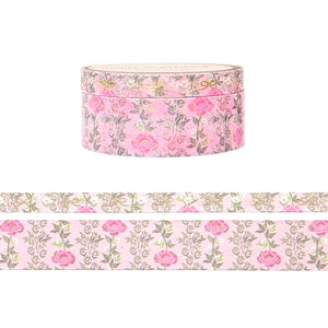 Pink Garden Floral washi set (15/6mm + light gold foil)