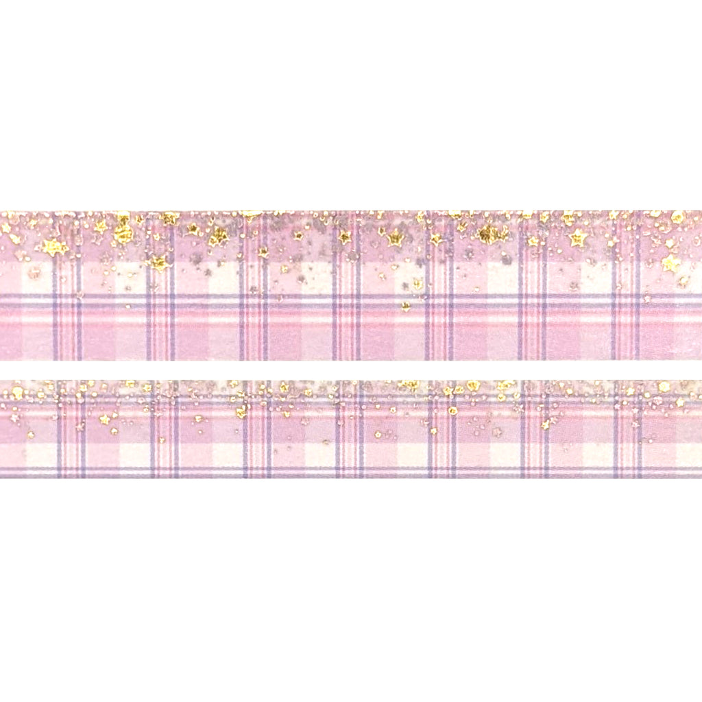 Purple Pink Plaid Stardust Washi Set (15/10mm + aurora pink holographic /  light gold foil)