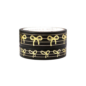 Black & Gold Stripe Bow washi set (15/10mm + light gold foil)