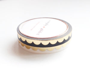 PERFORATED WASHI TAPE 6mm set of 2 - black & white SCALLOP + LT. GOLD foil