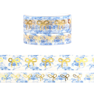 Blue Chinoserie Bow washi set (15/10mm + light gold foil)