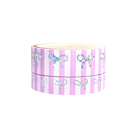 Purple & White Candy Striped Bow washi set (15/10mm + silver glitter foil)(Item of the Week)