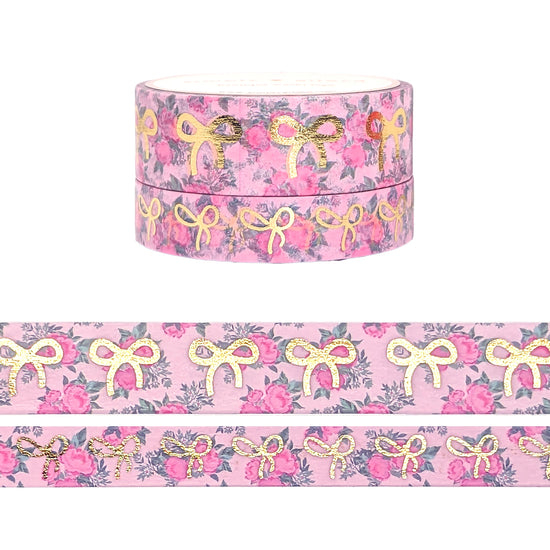 Pink Garden Floral Bow washi set (15/10mm + light gold foil)