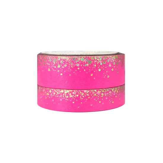 Neon Stardust Doll Pink washi set (15/10mm + light gold holographic / white stars)