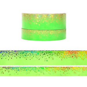 Neon Lime Green Stardust washi set (15/10mm + light gold holographic foil / white stars)