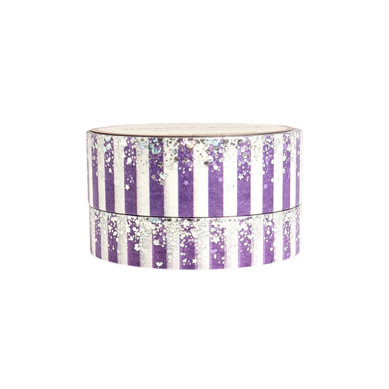 Purple & White Candy Stripe Stardust washi set (15/10mm + silver / silver bubble glitter holographic foil)(Item of the Week)