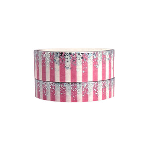 Pink & White Candy Stripe Stardust washi set (15/10mm + silver / silver bubble glitter holographic foil)(Item of the Week)