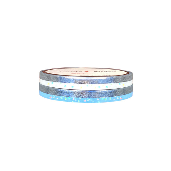 Baby Blue / White Color Block washi set of 2 (5mm + silver / iridescent bubble glitter overlay) (Item of the Week)