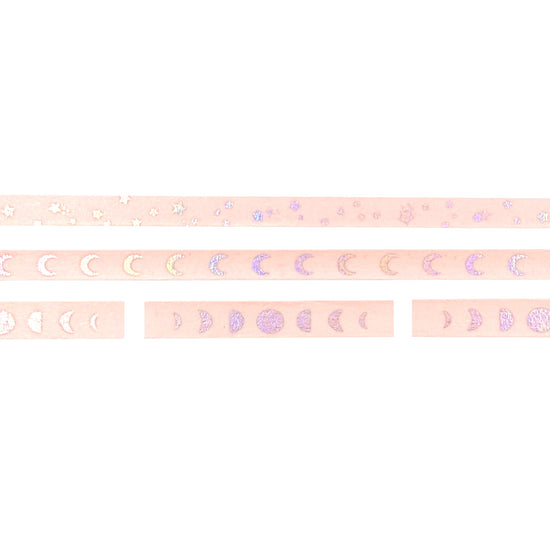 Pink Galaxy Mini Set of 3 Washi (5mm shooting star / 5mm crescent moon / 6mm moon phases perforated + aurora pink foil)
