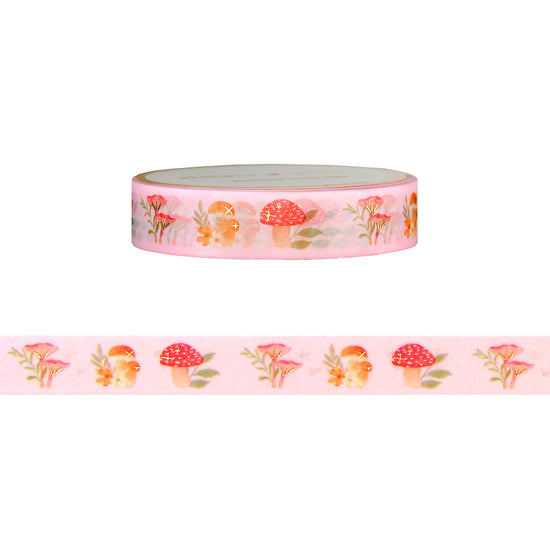 Autumn Blush Pink Mushrooms washi (10mm + satin gold foil)