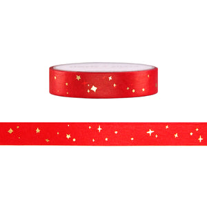 Festive Red Starry washi (10mm + light gold foil)