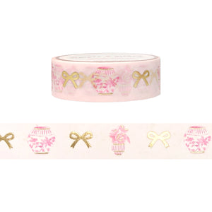 Pink Chinoiserie Ginger Jars & Bows washi (15mm + light gold foil)