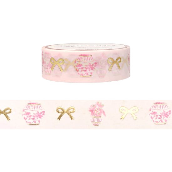 Pink Chinoiserie Ginger Jars & Bows washi (15mm + light gold foil)