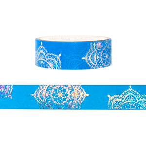 Neon Blue Mandala washi (15mm +  silver holographic foil)