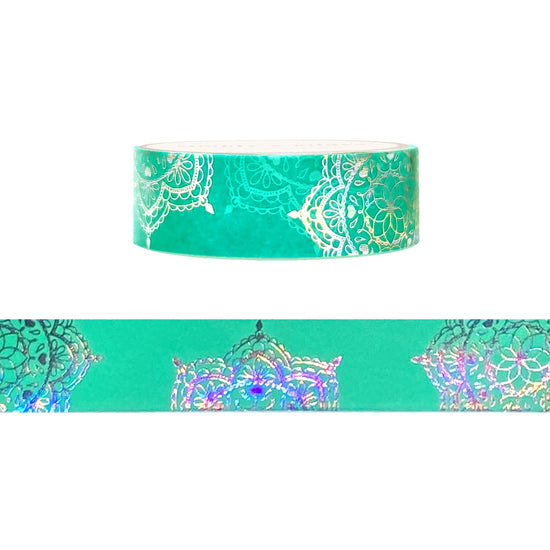 Neon Teal Mandala washi (15mm + silver holographic foil)