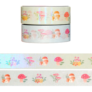 Autumn Blush Sage Mushrooms washi set of 2 (15mm + satin gold foil)