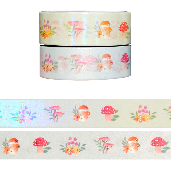 Autumn Blush Sage Mushrooms washi set of 2 (15mm + satin gold foil)