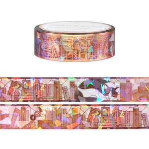Neutral Bookshelf Stained Glass PET tape (15mm + rose gold foil / crystal iridescent overlay)