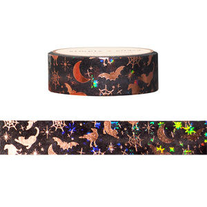 Spooky Silhouettes Pattern washi (15mm + rose gold foil / iridescent sparkle star overlay)