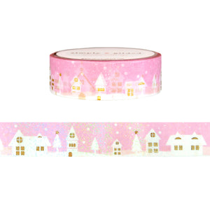 Pink Snowy Villagescape washi (15mm + light gold foil / glitter overlay)