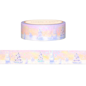 Winter Morning Snowbunnies washi (15mm + silver foil / bubble overlay)