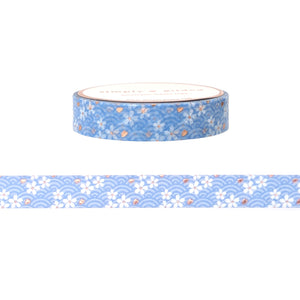 Cherry Blossom Waves Pattern Blue washi (10mm + rose gold foil)