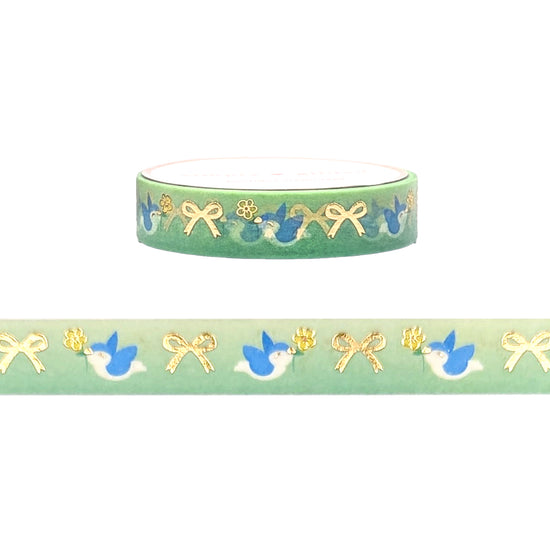 Snow White Birds & Bows washi (10mm + light gold foil)