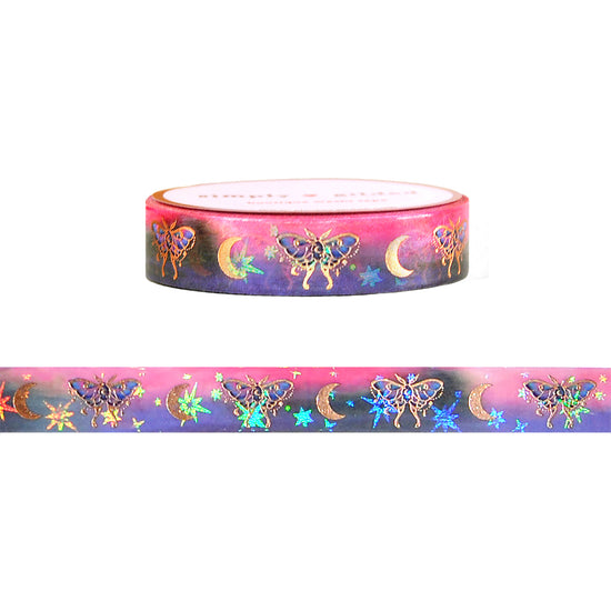 Fairy Mushroom Moths & Moons washi (10mm + rose gold foil / iridescent overlay)