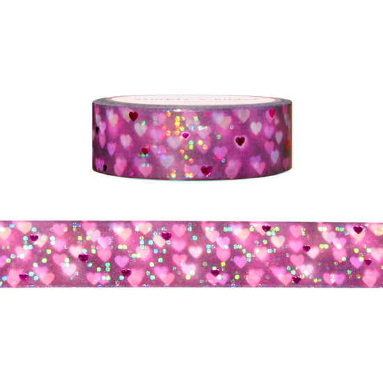 Short and Sweet Bokeh Hearts washi (15mm + pink foil / sequin overlay)