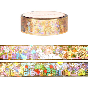 Floral & Fruit Stained Glass Rainbow Bookshelf PET tape (15mm + light gold foil / shattered glass iridescent overlay)