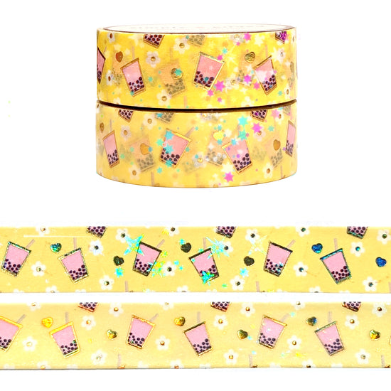 Summer Boba Groove Yellow washi set of 2 (15mm + light gold holographic foil / star overlay)