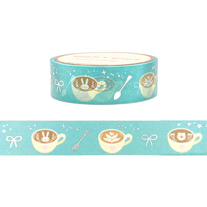 Turquoise Coffee Cups Washi (15mm + silver foil) - Restock