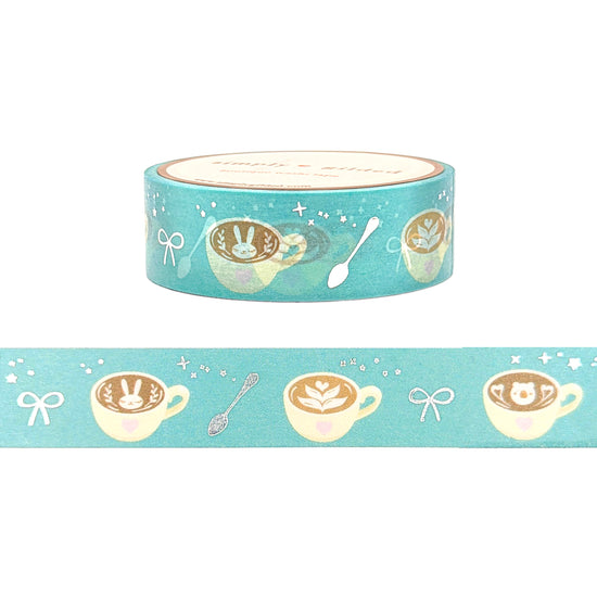 Turquoise Coffee Cups Washi (15mm + silver foil) - Restock