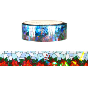 Christmas Stained Glass Poinsettias PET tape (15mm + shattered glass iridescent overlay)