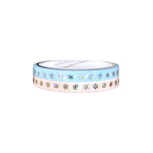 Light Blue / Pink Snowflakes washi set of 2 (5mm + silver / light gold foil / bubble overlay)