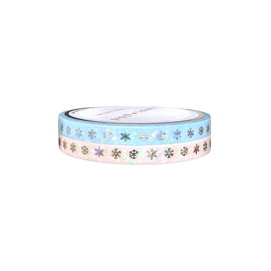 Light Blue / Pink Snowflakes washi set of 2 (5mm + silver / light gold foil / bubble overlay)