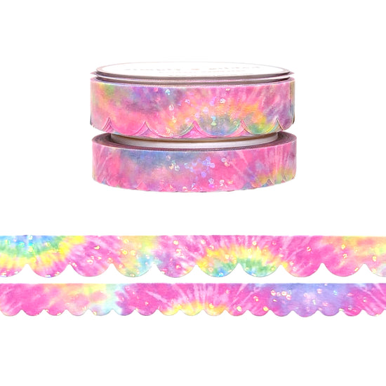 Rainbow Tie-dye Scallop washi set of 2 (10/8mm + iridescent bubble glitter overlay)