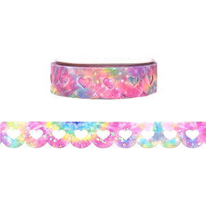 Rainbow Tie-dye Heart Lace Scallop washi (12mm + iridescent bubble glitter overlay)