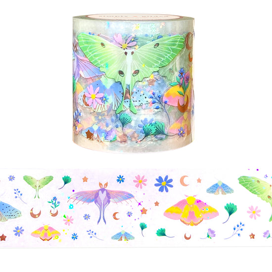 Moonie Moths PET tape (50mm + rose gold foil / iridescent star overly) - Restock