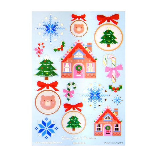 Christmas Cross Stitch Deco Stickers (light gold foil + you pick finish)