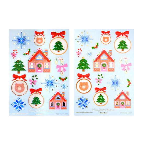 Christmas Cross Stitch Deco Stickers (light gold foil + you pick finish)