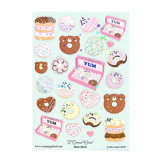 I Donut Care Deco Stickers (silver holographic foil / sparkle star overlay + you pick finish)