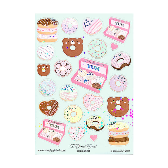 I Donut Care Deco Stickers (silver holographic foil / sparkle star overlay + you pick finish)