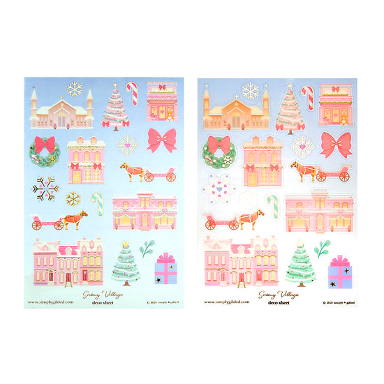 Snowy Village Deco Stickers (light gold foil + you pick finish)