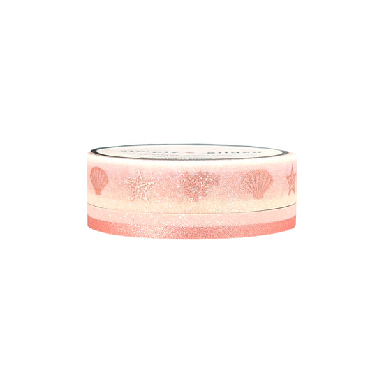Seaside Sandy Shells / Color Block washi set of 2 (10/5mm + rosy pink / glitter frost)