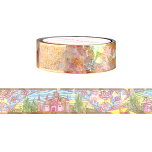 Spring Fairytale Stained Glass PET tape (15mm + light gold foil / shattered glass iridescent overlay)