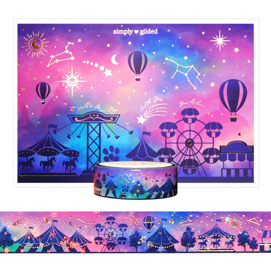 Celestial Carnival Skyline Passport set washi (15mm + rose gold foil / sparkle star overlay)