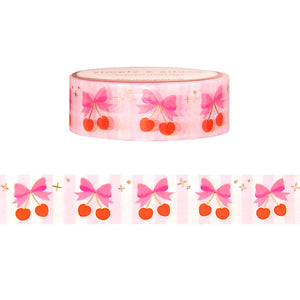 Coquette Birthday Cherries washi (15mm + satin gold foil / sparkle star overlay)