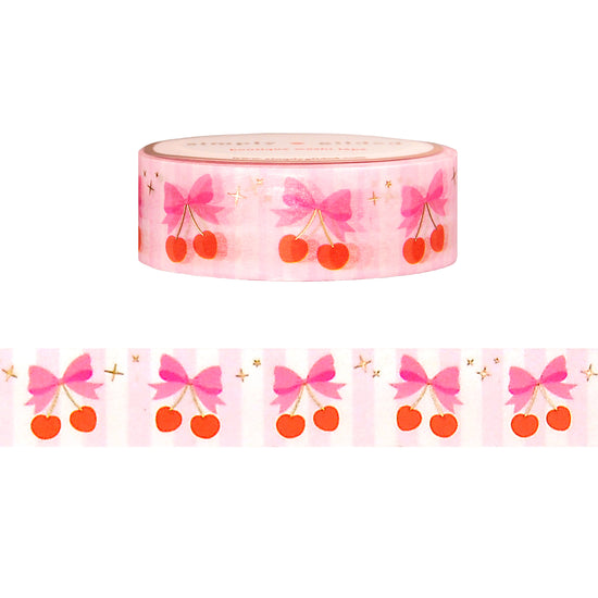 Coquette Birthday Cherries washi (15mm + satin gold foil / sparkle star overlay)